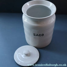 Load image into Gallery viewer, Vintage Grimwades Style White Hooped Household Jar or Canister. SAGO (black letters)
