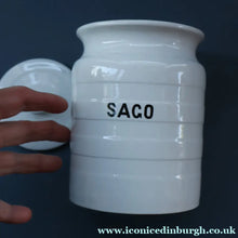 Load image into Gallery viewer, Vintage Grimwades Style White Hooped Household Jar or Canister. SAGO (black letters)
