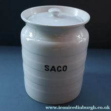 Load image into Gallery viewer, Vintage Grimwades Style White Hooped Household Jar or Canister. SAGO (black letters)
