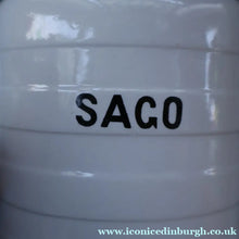 Load image into Gallery viewer, Vintage Grimwades Style White Hooped Household Jar or Canister. SAGO (black letters)

