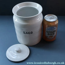 Load image into Gallery viewer, Vintage Grimwades Style White Hooped Household Jar or Canister. SAGO (black letters)
