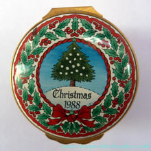 Load image into Gallery viewer, Vintage Halcyon Days Enamel Christmas Box 1988. Christmas Tree &amp; Holly Motifs
