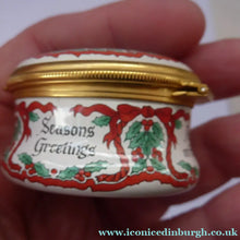 Load image into Gallery viewer, Vintage Halcyon Days Enamel Christmas Box 1988. Christmas Tree &amp; Holly Motifs
