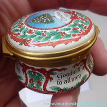 Load image into Gallery viewer, Vintage Halcyon Days Enamel Christmas Box 1988. Christmas Tree &amp; Holly Motifs

