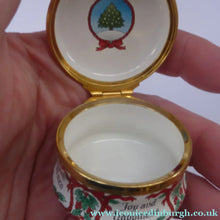 Load image into Gallery viewer, Vintage Halcyon Days Enamel Christmas Box 1988. Christmas Tree &amp; Holly Motifs
