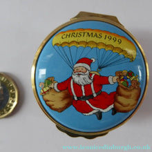 Load image into Gallery viewer, Vintage Halcyon Days Enamel Christmas Box 1999. Santa Delivering Presents in a Parachute
