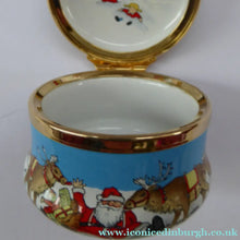 Load image into Gallery viewer, Vintage Halcyon Days Enamel Christmas Box 1999. Santa Delivering Presents in a Parachute
