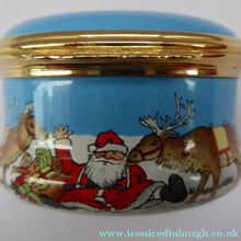 Load image into Gallery viewer, Vintage Halcyon Days Enamel Christmas Box 1999. Santa Delivering Presents in a Parachute
