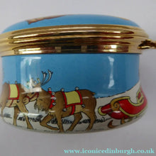 Load image into Gallery viewer, Vintage Halcyon Days Enamel Christmas Box 1999. Santa Delivering Presents in a Parachute
