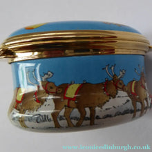 Load image into Gallery viewer, Vintage Halcyon Days Enamel Christmas Box 1999. Santa Delivering Presents in a Parachute

