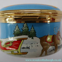 Load image into Gallery viewer, Vintage Halcyon Days Enamel Christmas Box 1999. Santa Delivering Presents in a Parachute
