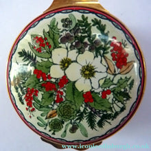 Load image into Gallery viewer, Vintage Halcyon Days Enamels Christmas Box 1983. Traditional Image of Christmas Flowers.
