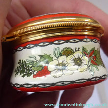 Load image into Gallery viewer, Vintage Halcyon Days Enamels Christmas Box 1983. Traditional Image of Christmas Flowers.
