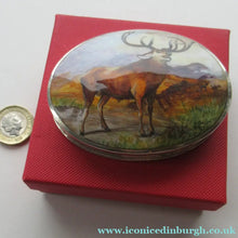 Load image into Gallery viewer, Vintage Solid Silver Box with Unique Enamels Painting of Stag in Scottish Highlands
