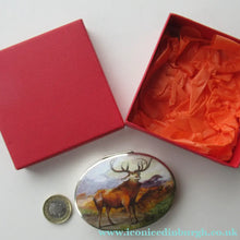 Load image into Gallery viewer, Vintage Solid Silver Box with Unique Enamels Painting of Stag in Scottish Highlands
