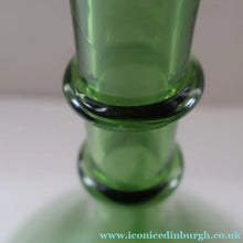 Load image into Gallery viewer, Vintage Hand-Blown EMPOLI Green Glass Bottle Vase / Decanter with Large Flattened Stopper and Hoops on the Neck
