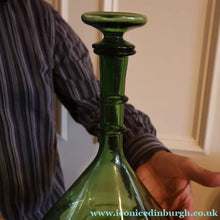 Load image into Gallery viewer, Vintage Hand-Blown EMPOLI Green Glass Bottle Vase / Decanter with Large Flattened Stopper and Hoops on the Neck
