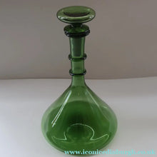 Load image into Gallery viewer, Vintage Hand-Blown EMPOLI Green Glass Bottle Vase / Decanter with Large Flattened Stopper and Hoops on the Neck
