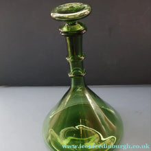 Load image into Gallery viewer, Vintage Hand-Blown EMPOLI Green Glass Bottle Vase / Decanter with Large Flattened Stopper and Hoops on the Neck
