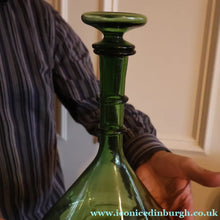 Load image into Gallery viewer, Vintage Hand-Blown EMPOLI Green Glass Bottle Vase / Decanter with Large Flattened Stopper and Hoops on the Neck
