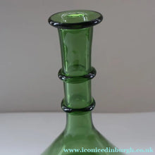 Load image into Gallery viewer, Vintage Hand-Blown EMPOLI Green Glass Bottle Vase / Decanter with Large Flattened Stopper and Hoops on the Neck
