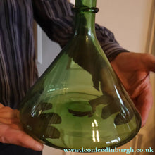 Load image into Gallery viewer, Vintage Hand-Blown EMPOLI Green Glass Bottle Vase / Decanter with Large Flattened Stopper and Hoops on the Neck
