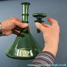 Load image into Gallery viewer, Vintage Hand-Blown EMPOLI Green Glass Bottle Vase / Decanter with Large Flattened Stopper and Hoops on the Neck
