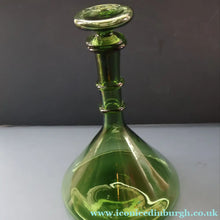 Load image into Gallery viewer, Vintage Hand-Blown EMPOLI Green Glass Bottle Vase / Decanter with Large Flattened Stopper and Hoops on the Neck
