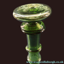 Load image into Gallery viewer, Vintage Hand-Blown EMPOLI Green Glass Bottle Vase / Decanter with Large Flattened Stopper and Hoops on the Neck
