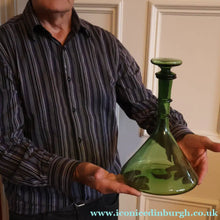 Load image into Gallery viewer, Vintage Hand-Blown EMPOLI Green Glass Bottle Vase / Decanter with Large Flattened Stopper and Hoops on the Neck
