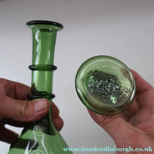 Load image into Gallery viewer, Vintage Hand-Blown EMPOLI Green Glass Bottle Vase / Decanter with Large Flattened Stopper and Hoops on the Neck
