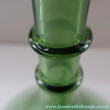 Load image into Gallery viewer, Vintage Hand-Blown EMPOLI Green Glass Bottle Vase / Decanter with Large Flattened Stopper and Hoops on the Neck
