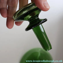 Load image into Gallery viewer, Vintage Hand-Blown EMPOLI Green Glass Bottle Vase / Decanter with Large Flattened Stopper and Hoops on the Neck
