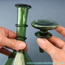 Load image into Gallery viewer, Vintage Hand-Blown EMPOLI Green Glass Bottle Vase / Decanter with Large Flattened Stopper and Hoops on the Neck
