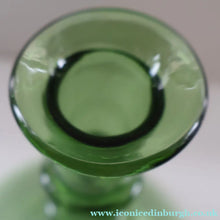 Load image into Gallery viewer, Vintage Hand-Blown EMPOLI Green Glass Bottle Vase / Decanter with Large Flattened Stopper and Hoops on the Neck
