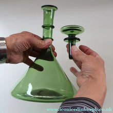 Load image into Gallery viewer, Vintage Hand-Blown EMPOLI Green Glass Bottle Vase / Decanter with Large Flattened Stopper and Hoops on the Neck
