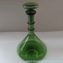 Load image into Gallery viewer, Vintage Hand-Blown EMPOLI Green Glass Bottle Vase / Decanter with Large Flattened Stopper and Hoops on the Neck
