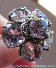 Load image into Gallery viewer, Vintage 925 Solid Silver Ring Flower Head with Amethyst Crystals UK Size O
