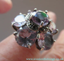 Load image into Gallery viewer, Vintage 925 Solid Silver Ring Flower Head with Amethyst Crystals UK Size O
