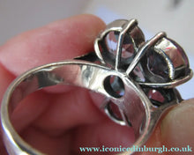 Load image into Gallery viewer, Vintage 925 Solid Silver Ring Flower Head with Amethyst Crystals UK Size O
