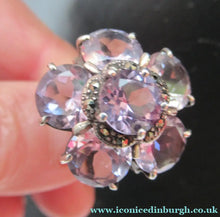 Load image into Gallery viewer, Vintage 925 Solid Silver Ring Flower Head with Amethyst Crystals UK Size O
