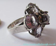 Load image into Gallery viewer, Vintage 925 Solid Silver Ring Flower Head with Amethyst Crystals UK Size O

