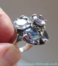Load image into Gallery viewer, Vintage 925 Solid Silver Ring Flower Head with Amethyst Crystals UK Size O
