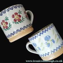 Load image into Gallery viewer, TWO Large Irish Ceramic Mugs by Nicholas Mosse. Spongeware Iris and Clementis Designs
