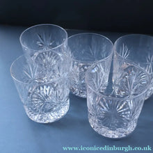Load image into Gallery viewer, Vintage LOT OF FIVE 1980s Edinburgh Crystal Whisky Tumblers STAR OF EDINBURGH Pattern. 3 1/4 inches 
