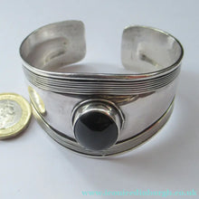 Load image into Gallery viewer, Vintage 925 Silver Cuff Bracelet with Onyx Cabochon Mexican
