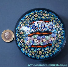 Load image into Gallery viewer, Fine MAGNUM Vintage MURANO Closepack Paperweight with Intricate Millefiori Canes and Three Long Red Latticino Canes
