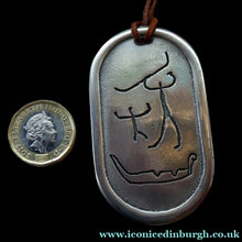 Load image into Gallery viewer, Vintage Norwegian Pewter Pendant Cave Carving Images
