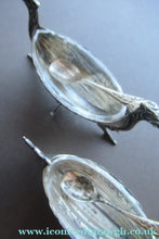 Load image into Gallery viewer, NORWEGIAN SILVER: Pair of Matching Viking Ship Salt Cellars. With Original Clear Glass Liner &amp; Later Additional Spoons
