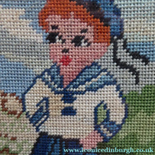Load image into Gallery viewer, Vintage NURSERY PICTURE. Embroidery Panel Showing a Little French Sailor Meeting a Wee Hula Girl; 1960s
